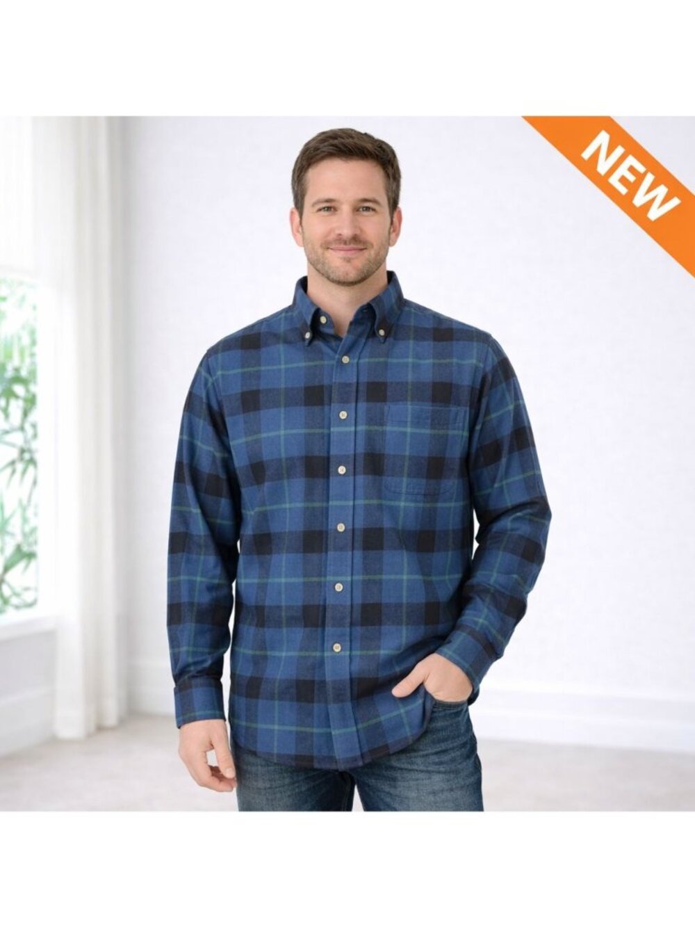 NEW Saddlebred Mens Classic Fit Flannel Shirt Beam Blue Plaid Long Sleeve Size M